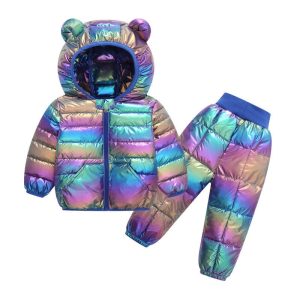 Combinaison ski enfant ensemble molletonné à capuche ourson