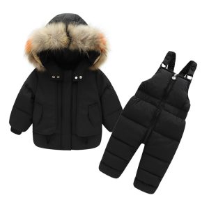 Combinaison ski enfant ensemble salopette et manteau à col fourrure