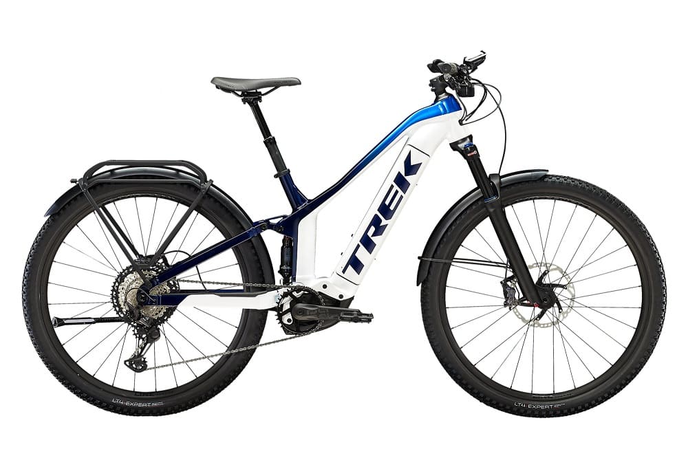 VTT Électrique Tout-Suspendu Trek Powerfly FS 9 EQ Shimano XT 12V 625 Wh 27.5 » Blanc / Bleu Alpine 2023